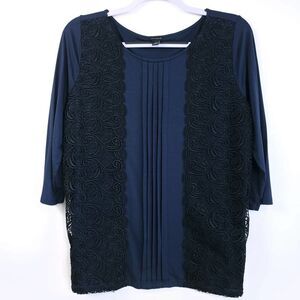 Ann Taylor Navy Top M with Lace & Pleats